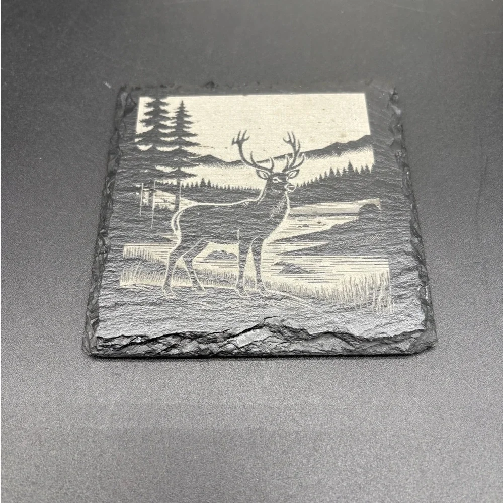 Rustic Deer Slate Coasters‎ - Black and Gray (Set of 4) Laser Engraved Coated